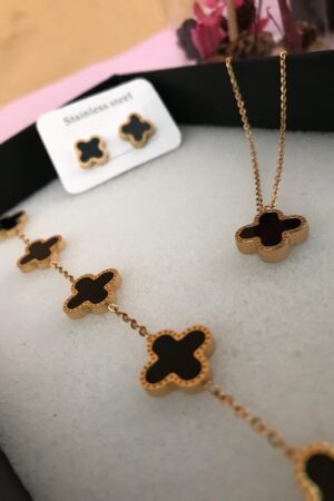 Black and Gold Colored Clover Jewelry Set